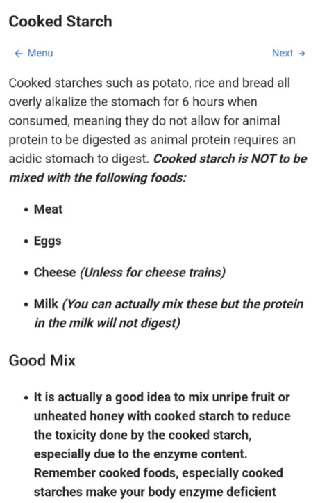 Screenshot of cooked starch food-combining advice