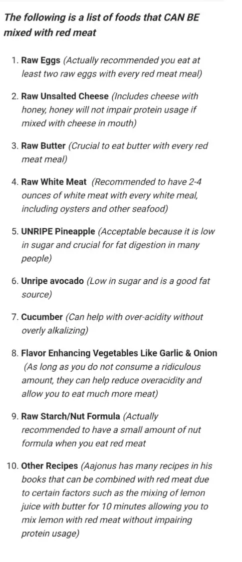 Screenshot of foods Residentraw says can be mixed with red meat