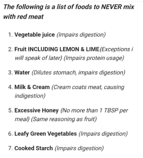 Screenshot of red meat food-combining advice