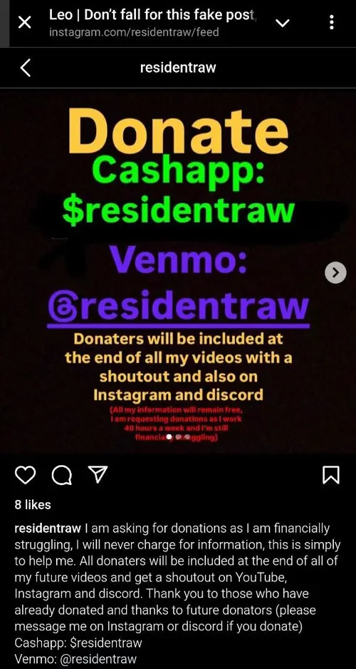 Second Instagram screenshot about Residentraw donation request