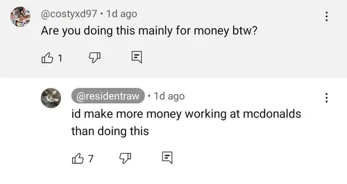 Screenshot of Residentraw saying it is not for money