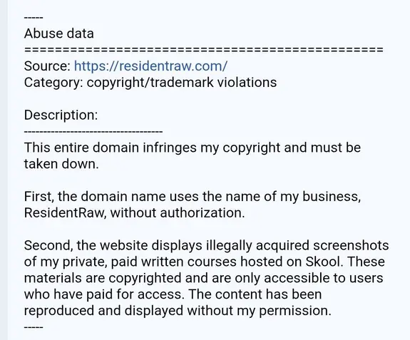 Screenshot of website abuse report