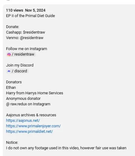 Screenshot listing Primal Diet websites and resources