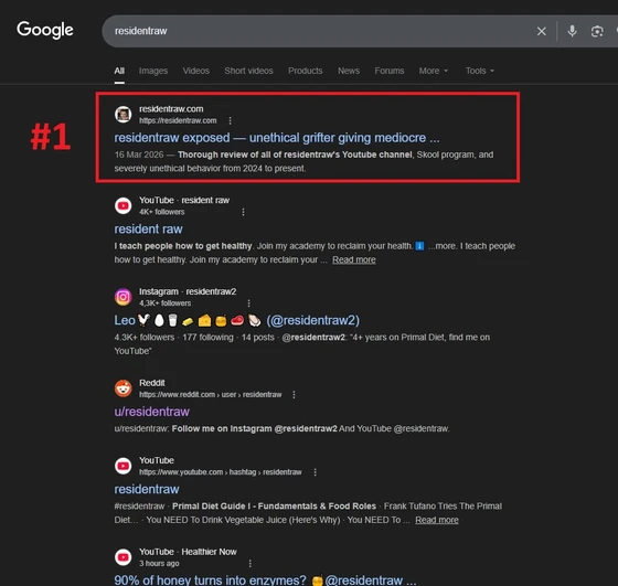 Screenshot of Google search results showing residentraw.com ranking first for residentraw.