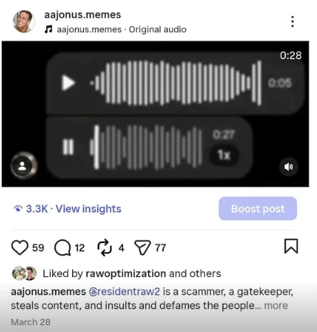 Instagram screenshot sharing claims that residentraw is a scammer and gatekeeper.