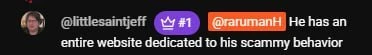 Screenshot of a livestream comment saying Leo has an entire website dedicated to his scammy behavior.