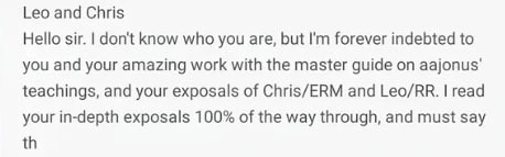 Message from a reader thanking the author for the master guide and exposals of Chris and Leo.