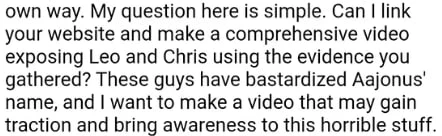 Continuation of a reader message asking to link the website and make a video exposing Leo and Chris.
