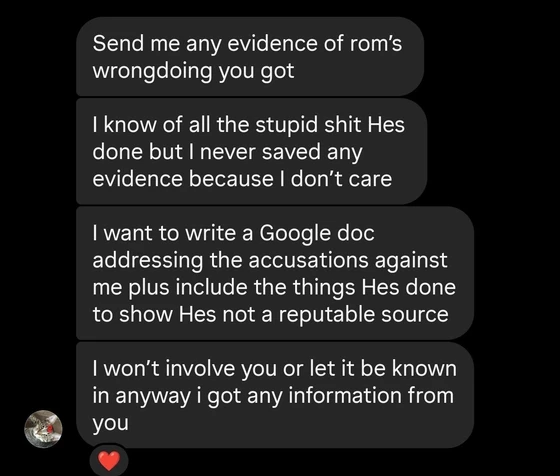 Screenshot of Leo asking for information against Rom and saying he wanted to address accusations in a Google Doc.