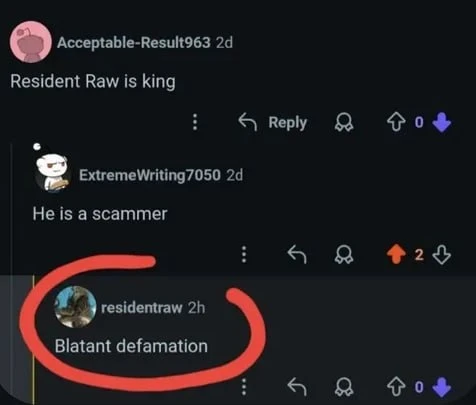 Reddit screenshot where residentraw replies to a scammer accusation by calling it blatant defamation.