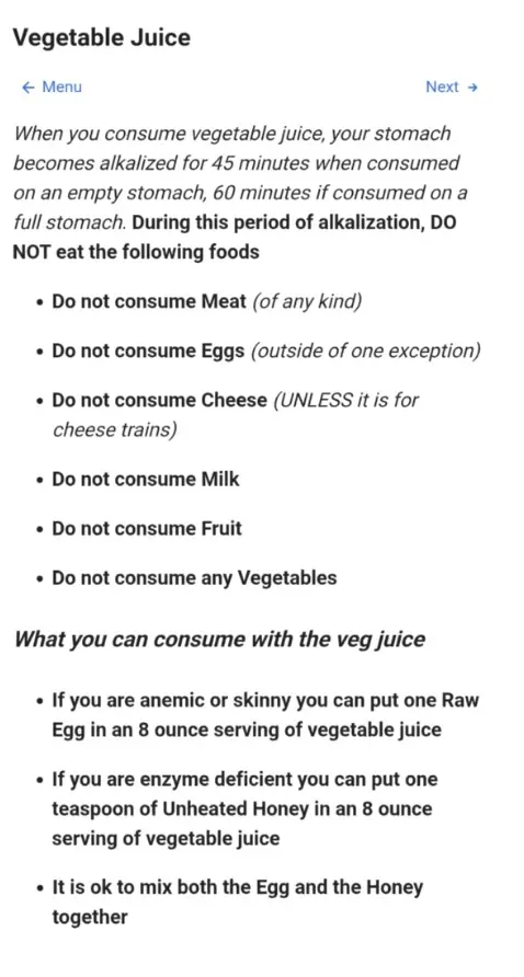 Screenshot of vegetable juice food-combining advice